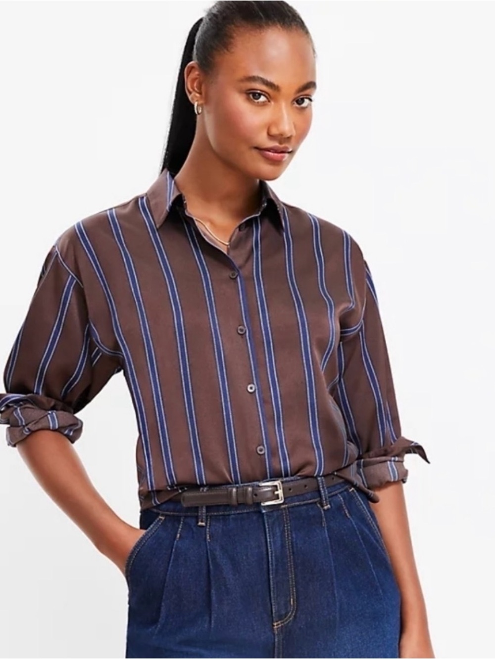 Loft Menswear inspired  Brown Stripe Button-Up Shirt